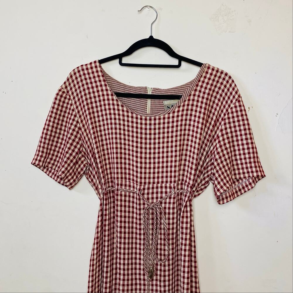 Vintage SL Fashion 1970s Gingham Red Maxi Dress Tie 10 Waist Cottagecore Dainty